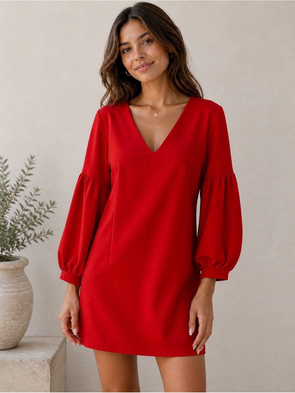Laundry By Shelli Segal Special Occasion V-Neck Red Balloon Sleeve Mini Dress